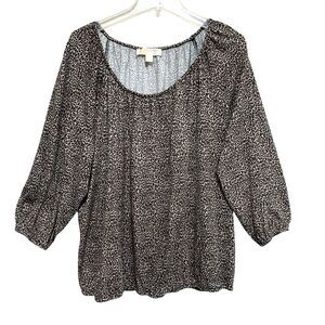 Michael Kors Blouse Womens Sz XL Black Tan Cheetah 3/4 Sleeve Elastic Waist